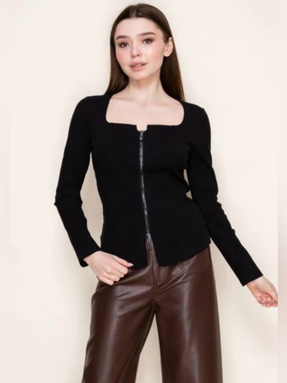 White Birch Black Ribbed Zip Front Top Square Neck 1X NWOT
